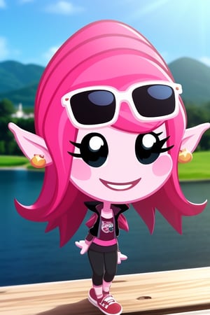 beautiful, masterpiece, best quality, solo, 1girl, high resolution, great detail, best quality, solo, smile, lake background, pink skin, pink hair, upper_body, cute, Missykix, black jacket, stripped sleeves, stripped leggings, pointy ears, sunglasses 