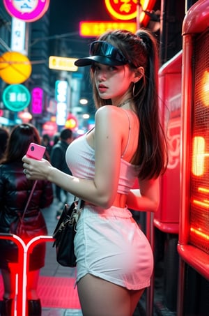 3 Girls with long hair, blue eyes, big breasts, wearing  white low cut camisole with holes and dirts ((showing cleveage)), ((necklace)),((large earrings)), ((safety visor),((holding  small pink handbag)), miniskirt ((showing  butt cheek)), standing at corner of old Taipei red light district , pink light tubes on building, smoking,perfect breasts,beautiful breasts, ((3 girls)), (crowd watching girls)