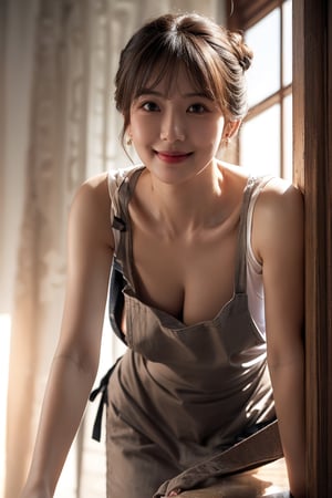 1 girl, very bright backlighting, solo, {beautiful and detailed eyes}, calm expression, natural and soft light, hair blown by the breeze, delicate facial features, Blunt bangs, beautiful Taiwanese girl, eye smile, very small earrings,(wearing only an apron:1.3),(hair in an updo:1.3),23yo,(revealing a glimpse of cleavage :1.1),film grain, realhands,shy smile,sexy posing,(The posture of leaning forward:1.5),(shot from below:1.5)