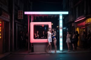 2 Girls with long hair, blue eyes, big breasts, wearing  white low cut camisole  without  bra inside ((showing cleveage)), ((necklace)),((large earrings)), ((safety visor),((holding small handbag)), miniskirt ((showing  underwear )), 2 girls standing at corner of old Taipei red light district , pink light tubes on building, smoking,perfect breasts,beautiful breasts, (((2 girls))), (crowd watching girls), show full body, all girls facing camera 