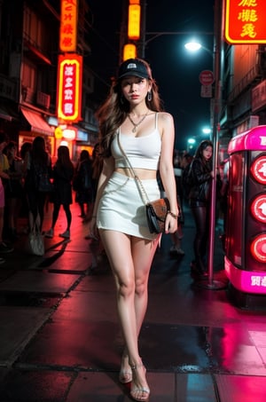 3 Girls with long hair, blue eyes, big breasts, wearing  white low cut camisole with holes and dirts ((showing cleveage)), ((necklace)),((large earrings)), ((safety visor),((holding small handbag)), miniskirt ((showing  underwear )), standing at corner of old Taipei red light district , pink light tubes on building, smoking,perfect breasts,beautiful breasts, ((3 girls)), (crowd watching girls), show full body