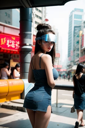 2 Girls with long hair, blue eyes, big breasts, wearing a sleeveless broken lowcut camisole with holes and dirts, miniskirt ((showing butt cheeks)), ((safety visor)),walking at old hong kong, holding small handbag, sunny day,perfect breasts,beautiful breasts, ((2 girls)),