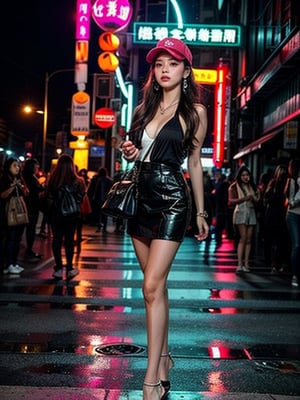 4 Girl with long hair, (wearing safety visor), big breasts, wearing  white low cut camisole  without  bra inside ((showing cleveage)), ((necklace)),((large earrings)), ((safety visor),((holding small handbag)), miniskirt ((showing  underwear )), 4 girls standing at corner of old Taipei red light district , pink light tubes on building, smoking,perfect breasts,beautiful breasts, (((4 girls))), (crowd watching girls), show full body, all girls facing camera 