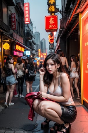 3 Girls with long hair, blue eyes, big breasts, wearing  white low cut camisole with holes and dirts without  bra inside ((showing cleveage)), ((necklace)),((large earrings)), ((holding small handbag)), miniskirt ((showing  underwear )), 3 girls squatting at corner of old Taipei red light district and smoking , pink light tubes on building, smoking,perfect breasts,beautiful breasts, ((3 girls)), ((crowd watching the girls)),