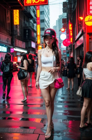 3 Girls with long hair, blue eyes, big breasts, wearing  white low cut camisole with holes and dirts without  bra inside ((showing cleveage)), ((necklace)),((large earrings)), ((safety visor),((holding small handbag)), miniskirt ((showing  underwear )), 3 girls standing at corner of old Taipei red light district , pink light tubes on building, smoking,perfect breasts,beautiful breasts, ((3 girls)), (crowd watching girls), show full body