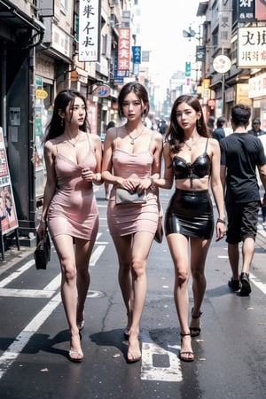 3 Girls with long hair, blue eyes, big breasts, wearing  white low cut camisole ((showing cleveage)), ((necklace)),((large earrings)), holding small handbag ((taiwanlv)), miniskirt (m, girls smoking and walking at corner of old Taipei red light district and smoking , ((pink light tubes on building)), smoking,perfect breasts,beautiful breasts, ((3 girls)), ((crowd watching the girls)),Anxinya, (midnight ), taiwanroads, ((blur background buildings))