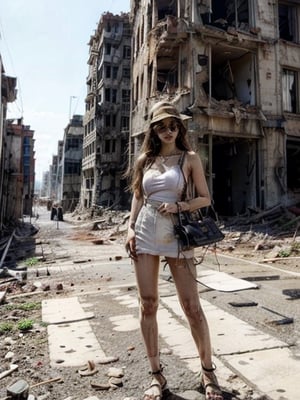 4 Girl with long hair, (wearing safety visor), big breasts, wearing  white low cut camisole  without  bra inside ((showing cleveage)), ((necklace)),((large earrings)), ((safety visor),((holding small handbag)), miniskirt ((showing  underwear )), 4 girls standing at corner of ruined building , pink light tubes on building, smoking,perfect breasts,beautiful breasts, (((4 girls))), (crowd watching girls), show full body, all girls facing camera ,Ruined building,