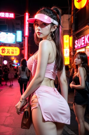 2 Girls with long hair, blue eyes, big breasts, wearing  white low cut camisole with holes and dirts ((showing cleveage)), ((necklace)),((large earrings)), ((safety visor),((holding  small pink handbag)), miniskirt ((showing  butt cheek)), walking at old Taipei red light district , pink light tubes on building,sunny day,perfect breasts,beautiful breasts, ((2 girls)),