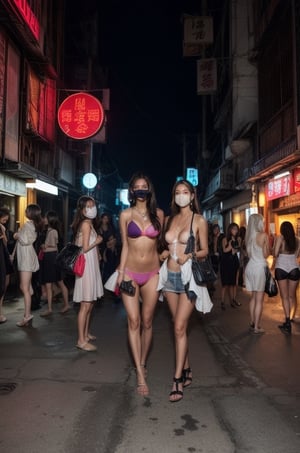 5 Girls with long hair, blue eyes, big breasts, wearing  white low cut camisole with holes and dirts without  bra inside ((showing cleveage)), ((necklace)),((large earrings)), ((safety visor),((holding small handbag)), miniskirt ((showing  underwear )), 3 girls standing at corner of old Taipei red light district , pink light tubes on building, smoking,perfect breasts,beautiful breasts, (((5 girls))), (crowd watching girls), show full body, all girls facing camera 