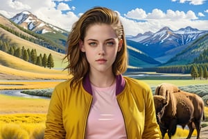 ((Hyper-Realistic)) close-up photo of a beautiful 1girl standing in front of A lamar valley \(lamarva11ey\) in Yellowstone,(kristen stewart:1.3),20yo,detailed exquisite face,detailed soft skin,looking at viewer,hourglass figure,perfect female form,model body,(perfect hands:1.2),(elegant yellow jacket,white shirt and pink skirt),(backdrop: outdoors,sky,day, cloud,tree,cloudy sky,grass,nature,highly detailed and realistic beautiful scenery,mountain,winding road,landscape,(american bisons:1.2)),(girl focus:1.3)
BREAK
aesthetic,rule of thirds,depth of perspective,perfect composition,studio photo,trending on artstation,cinematic lighting,(Hyper-realistic photography,masterpiece, photorealistic,ultra-detailed,intricate details,16K,sharp focus,high contrast,kodachrome 800,HDR:1.2),photo_b00ster,real_booster,ye11owst0ne,(lamarva11ey:1.2),more detail XL,art_booster,Ye11owst0ne