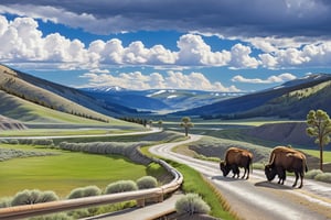 ((Hyper-Realistic)) detailed scene of lamar valley \(lamarva11ey\) in Yellowstone,outdoors,sky,day, cloud,tree,no humans,cloudy sky,grass,nature, beautiful scenery,mountain,winding road,landscape,(close up on american bisons:1.2)
BREAK 
aesthetic,rule of thirds,depth of perspective,perfect composition,studio photo,trending on artstation,cinematic lighting,(Hyper-realistic photography,masterpiece, photorealistic,ultra-detailed,intricate details,16K,sharp focus,high contrast,kodachrome 800,HDR:1.2),photo_b00ster,real_booster,ye11owst0ne,(lamarva11ey:1.2),more detail XL,Ye11owst0ne