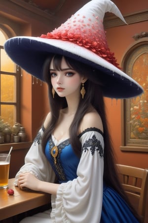 ((Ultra-Detailed)) Photography of a sophisticated witch \(sp.ed.ogInky1\) sitting in a cafe at night,1girl,wearing sm1c-witchhat,detailed exquisite face,detailed eyes,detailed soft shiny skin,glossy lips,playful smirks,detailed blonde hair,detailed coral-blue hat,pink and white dress,jewelry,small earrings
BREAK
[backdrop;highly detailed beautiful cafe,table,chair,bottles,coffee mug,people,vibrant colors],(head to thigh shot)
BREAK
rule of thirds,studio photo,perfect composition,(masterpiece,HDR,trending on artstation,8K,Hyper-detailed,intricate details,hyper realistic,high contrast,Kodachrome 800:1.3),chiaroscuro lighting,soft rim lighting,key light reflecting in the eyes,by Karol Bak,Antonio Lopez,Gustav Klimt and Hayao Miyazaki,art_booster,real_booster,photo_b00ster, Decora_SWstyle,a1sw-InkyCapWitch,ani_booster,more detail XL,Decora_SWstyle
