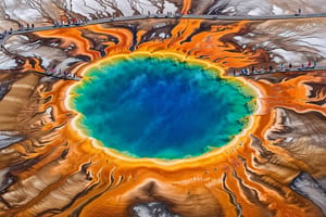 ((Hyper-Realistic)) detailed scene of one Grand Prismatic Spring in Yellowstone,diameter of 90m,vivid color for Spring,largest hot spring in United States,deep blue color in the center of the pool,aerial view,many people on road on top of the scene,orange mane-like soil around the pool,brown and white soil color,smoke from spring,brown and white color soil,1 spring
BREAK 
aesthetic,rule of thirds,depth of perspective,perfect composition,studio photo,trending on artstation,cinematic lighting,(Hyper-realistic photography,masterpiece, photorealistic,ultra-detailed,intricate details,16K,sharp focus,high contrast,kodachrome 800,HDR:1.2),photo_b00ster,real_booster,ye11owst0ne,(grandpr1smat1c:1.2),grandpr1smat1c,Ye11owst0ne