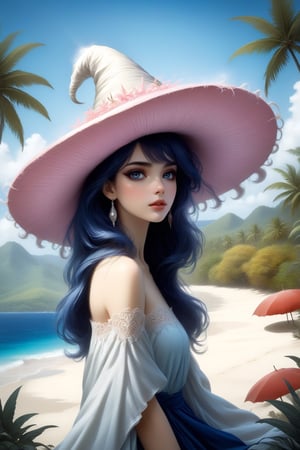 ((Ultra-Detailed)) Photography of a sophisticated witch \(sp.ed.ogInky1\) standing in the tropical island beach,1girl,wearing sm1c-witchhat,detailed exquisite face,detailed eyes,detailed soft shiny skin,glossy lips,playful smirks,detailed blonde hair,detailed coral-blue hat,pink and white dress,jewelry,small earrings
BREAK
[backdrop;highly detailed magnificent view of tropical island beach,palm trees,vibrant colors],(head to thigh shot)
BREAK
rule of thirds,studio photo,perfect composition,(masterpiece,HDR,trending on artstation,8K,Hyper-detailed,intricate details,hyper realistic,high contrast,Kodachrome 800:1.3),chiaroscuro lighting,soft rim lighting,key light reflecting in the eyes,by Karol Bak,Antonio Lopez,Gustav Klimt and Hayao Miyazaki,art_booster,real_booster,photo_b00ster, Decora_SWstyle,a1sw-InkyCapWitch,ani_booster,more detail XL,Decora_SWstyle
