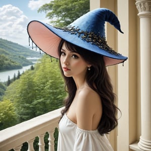 ((Ultra-Detailed)) Photography of a sophisticated witch \(sp.ed.ogInky1\) standing in the balcony of a luxurious mansion,1girl,wearing sm1c-witchhat,detailed exquisite face,detailed eyes,detailed soft shiny skin,glossy lips,playful smirks,detailed blonde hair,detailed coral-blue hat,pink and white dress,jewelry,small earrings
BREAK
[backdrop;highly-detailed view of luxurious and (modern:1.2) mansion balcony with beautiful lake view,mountain,blue sky,cloud,boat,tree,vibrant colors],(head to thigh shot)
BREAK
rule of thirds,studio photo,perfect composition,(masterpiece,HDR,trending on artstation,8K,Hyper-detailed,intricate details,hyper realistic,high contrast,Kodachrome 800:1.3),chiaroscuro lighting,soft rim lighting,key light reflecting in the eyes,by Karol Bak,Antonio Lopez,Gustav Klimt and Hayao Miyazaki,art_booster,real_booster,photo_b00ster, Decora_SWstyle,a1sw-InkyCapWitch,ani_booster