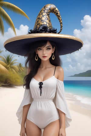 ((Ultra-Detailed)) Photography of a sophisticated witch \(sp.ed.ogInky1\) standing in the tropical island beach,1girl,wearing sm1c-witchhat,detailed exquisite face,detailed eyes,detailed soft shiny skin,glossy lips,playful smirks,detailed blonde hair,detailed coral-blue hat,pink and white dress,jewelry,small earrings
BREAK
[backdrop;highly detailed magnificent view of tropical island beach,palm trees,vibrant colors],(head to thigh shot)
BREAK
rule of thirds,studio photo,perfect composition,(masterpiece,HDR,trending on artstation,8K,Hyper-detailed,intricate details,hyper realistic,high contrast,Kodachrome 800:1.3),chiaroscuro lighting,soft rim lighting,key light reflecting in the eyes,by Karol Bak,Antonio Lopez,Gustav Klimt and Hayao Miyazaki,art_booster,real_booster,photo_b00ster, Decora_SWstyle,a1sw-InkyCapWitch,ani_booster,more detail XL