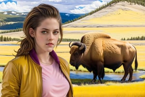 ((Hyper-Realistic)) close-up photo of a beautiful 1girl standing in front of A lamar valley \(lamarva11ey\) in Yellowstone,(kristen stewart:1.3),20yo,detailed exquisite face,detailed soft skin,looking at viewer,hourglass figure,perfect female form,model body,(perfect hands:1.2),(elegant yellow jacket,white shirt and pink skirt),(backdrop: outdoors,sky,day, cloud,tree,cloudy sky,grass,nature,highly detailed and realistic beautiful scenery,mountain,winding road,landscape,(american bisons:1.2)),(girl focus:1.3)
BREAK
aesthetic,rule of thirds,depth of perspective,perfect composition,studio photo,trending on artstation,cinematic lighting,(Hyper-realistic photography,masterpiece, photorealistic,ultra-detailed,intricate details,16K,sharp focus,high contrast,kodachrome 800,HDR:1.2),photo_b00ster,real_booster,ye11owst0ne,(lamarva11ey:1.2),more detail XL,art_booster,Ye11owst0ne,grandpr1smat1c
