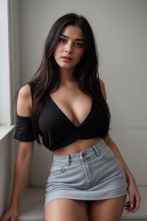 Create a hyper-realistic french woman, 22 year old, young sexy face,fit body,Flirty look, long messy light black hair, big breasts, light blue eyes, pale skin, black long shirt skirt, photorealistic.
photo shoot, influencer, instagram

