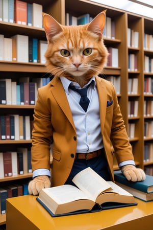 photo of an anthropomorphic ginger cat dressed in modern clothes in a bookstore choosing between two books
