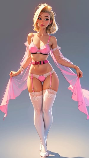 1 woman, pink transparent sexy lingerie set with garters and belt,full front body view standing up, cameltoe marked view,,  blonde mohawk hair style,simple background, big great and large perky breasts,  sam yang, highest quality, masterpiece, (looking at viewer), arms along the body, blond hair, bangs