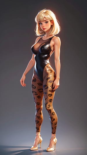 1 woman, animal print transparent leotard,full body view standing body, simple background, big great and large perky breasts,  sam yang, highest quality, masterpiece, (looking at viewer), arms along the body, blond hair, bangs