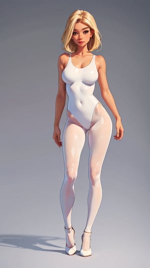 1 woman, white transparent leotard,full body view standing body, simple background, big great and large perky breasts,  sam yang, highest quality, masterpiece, (looking at viewer), arms along the body, blond hair, bangs