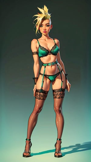 1 woman, (((green turquesa transparent sexy lingerie set with garters and belt))),full front body view standing up, cameltoe marked view,, ((( blonde mohawk hair style))),simple background, big great and large perky breasts,  sam yang, highest quality, masterpiece, (looking at viewer), arms along the body, blond hair, bangs