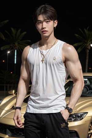intricate detail, 18 year old, young handsome asian male wearing black tanktop, kpop,ikemen, blue eyes, handsome, earrings, gold necklace, luxuary golden omega watch, blond hair, big muscle, physique, fitness model, wealthy, billionair, standing, in front of luxuary glittering sports car dubai night background