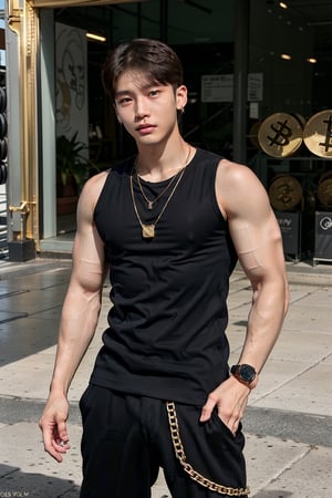 intricate detail, 18 year old, young handsome asian male wearing black tanktop, kpop,ikemen, blue eyes, handsome, earrings, gold necklace, luxuary golden omega watch, blond hair, big muscle, physique, fitness model, wealthy, billionair, standing, surrounded by thousands of gold coins of bitcoin, doing streaming