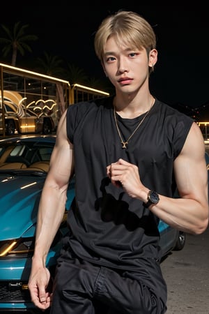 intricate detail, 18 year old, young handsome asian male wearing black tanktop,  kpop,ikemen, blue eyes, handsome, earrings, gold necklace, luxuary golden omega watch,  blond hair, big muscle, physique, fitness model, wealthy, billionair,  standing,  in front of luxuary glittering sports car  dubai night background