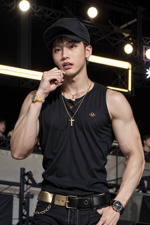 intricate detail, 18 year old, young handsome asian male wearing black tanktop with neon color design, kpop idol,ikemen, blue eyes, handsome, earrings, gold necklace, a baseball cap, luxuary golden omega watch, blond hair, big muscle, sexy, physique, fitness model, showing abs, wealthy, billionair, singing, stage background 