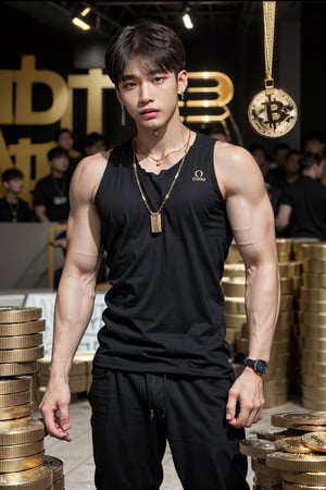 intricate detail, 18 year old, young handsome asian male wearing black tanktop, kpop,ikemen, blue eyes, handsome, earrings, gold necklace, luxuary golden omega watch, blond hair, big muscle, physique, fitness model, wealthy, billionair, standing, surrounded by thousands of gold coins of bitcoin, doing streaming