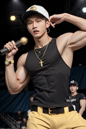 intricate detail, 18 year old, young handsome asian male wearing black tanktop with neon color design, kpop idol,ikemen, blue eyes, handsome, earrings, gold necklace, a baseball cap, luxuary golden omega watch, blond hair, big muscle, sexy, physique, fitness model, showing abs, arm pit, wealthy, billionair, singing, stage background 