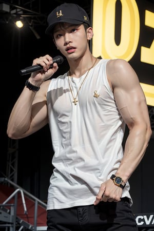 intricate detail, 18 year old, young handsome asian male wearing black tanktop with neon color design, kpop idol,ikemen, blue eyes, handsome, earrings, gold necklace, a baseball cap, luxuary golden omega watch, blond hair, big muscle, physique, fitness model, showing abs, wealthy, billionair, singing, stage background 
