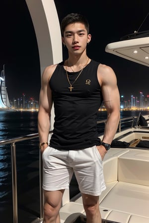 intricate detail, 18 year old, young handsome asian male wearing black tanktop,  kpop,ikemen, blue eyes, handsome, earrings, gold necklace, luxuary golden omega watch,  blond hair, big muscle, physique, fitness model, wealthy, billionair,  standing,  luxuary yacht,  dubai night background