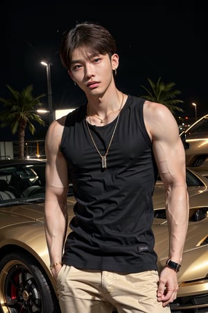 intricate detail, 18 year old, young handsome asian male wearing black tanktop, kpop,ikemen, blue eyes, handsome, earrings, gold necklace, luxuary golden omega watch, blond hair, big muscle, physique, fitness model, wealthy, billionair, standing, in front of luxuary glittering sports car dubai night background