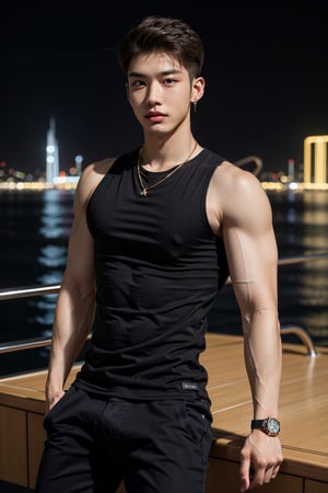 intricate detail, 18 year old, young handsome asian male wearing black tanktop,  kpop,ikemen, blue eyes, handsome, earrings, gold necklace, luxuary golden omega watch,  blond hair, big muscle, physique, fitness model, wealthy, billionair,  standing,  luxuary yacht,  dubai night background