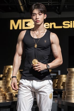 intricate detail, 18 year old, young handsome asian male wearing black tanktop, kpop,ikemen, blue eyes, handsome, earrings, gold necklace, luxuary golden omega watch, blond hair, big muscle, physique, fitness model, wealthy, billionair, standing, surrounded by thousands of gold coins of bitcoin, doing lecture