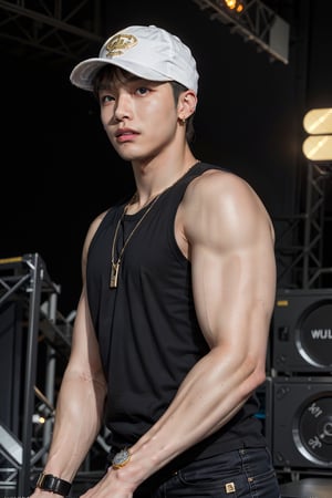 intricate detail, 18 year old, young handsome asian male wearing black tanktop with neon color design, kpop idol,ikemen, blue eyes, handsome, earrings, gold necklace, a baseball cap, luxuary golden omega watch, blond hair, big muscle, physique, fitness model, wealthy, billionair, singing, stage background 