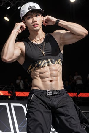 intricate detail, 18 year old, young handsome asian male wearing black tanktop with neon color design, kpop idol,ikemen, blue eyes, handsome, earrings, gold necklace, a baseball cap, luxuary golden omega watch, blond hair, big muscle, sexy, physique, fitness model, showing abs, arm pit, wealthy, billionair, singing, stage background 