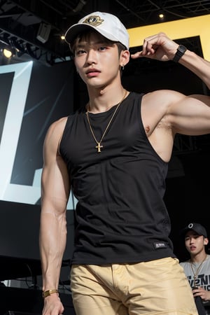 intricate detail, 18 year old, young handsome asian male wearing black tanktop with neon color design, kpop idol,ikemen, blue eyes, handsome, earrings, gold necklace, a baseball cap, luxuary golden omega watch, blond hair, big muscle, physique, fitness model, showing abs, wealthy, billionair, singing, stage background 