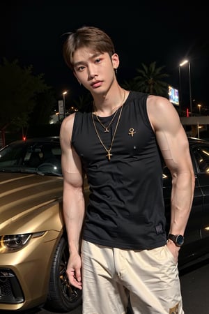 intricate detail, 18 year old, young handsome asian male wearing black tanktop,  kpop,ikemen, blue eyes, handsome, earrings, gold necklace, luxuary golden omega watch,  blond hair, big muscle, physique, fitness model, wealthy, billionair,  standing,  in front of luxuary glittering sports car  dubai night background
