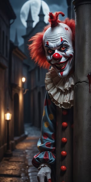 dark and gloomy night, alley of an old city, a diabolical clown waits behind a post, red eyes, macabre smile, walls with a hand-shaped blood mark , 8k UHD, extreme realism, ultra quality, maximum details