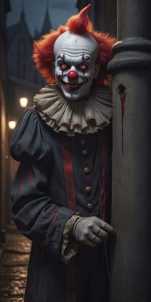 dark and gloomy night, alley of an old city, a diabolical clown waits behind a post, red eyes, macabre smile, walls with a hand-shaped blood mark , 8k UHD, extreme realism, ultra quality, maximum details