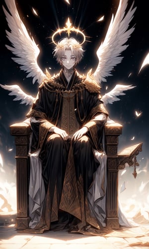 1man, dark gray hair, black eyes, beautiful, alternate hairstyle, short hair, pale skin, sunlight, heaven, gray angel wings, multiple wings, angel, white halo above head, gray angelic robes, sunshine, sunny sky, white greek monuments, showing sky on the background, blue sky, skin tight armor, ancient black symbols on the robes, egyptian tattoos on face, white halo above head, seraph, seraph halo, short hair, very short hair, gray robes, dark gray robes, god of angels, full body view, sitting on heavenly throne, giant throne, giant wins, open wide wings, god, exposed forehead, heaven background, bright background, sun on the background, blue sky