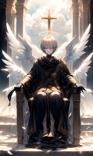 1man, dark gray hair, black eyes, beautiful, alternate hairstyle, short hair, pale skin, sunlight, heaven, gray angel wings, multiple wings, angel, white halo above head, gray angelic robes, sunshine, sunny sky, white greek monuments, showing sky on the background, blue sky, skin tight armor, ancient black symbols on the robes, egyptian tattoos on face, white halo above head, seraph, seraph halo, short hair, very short hair, gray robes, dark gray robes, god of angels, full body view, sitting on heavenly throne, giant throne