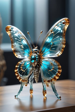 Transparent cyborg grayish turquoise, glass mechanical cute butterfly about 7 inches long crouched on a table, (bright plumage), wings have a reddish golden hue, the area between the wings is blues colored, black hairs on the legs, oke,,, Sorayama style, transparent glass skin