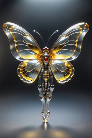Transparent Cyborg Greyish-Bywing,Glass mechanical cute butterfly about 7 inches long,(bright plumage),the wings have a reddish-golden tint,the area between the wings is lemon,black hairs on the legs,okeh,,Sorayama style,transparent glass skin
