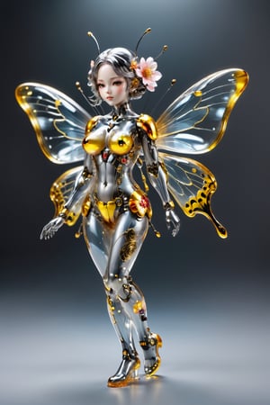 CHERRYBLOSSOM,Transparent Cyborg Greyish-Bywing,Glass mechanical cute butterfly about 7 inches long,(bright plumage),the wings have a reddish-golden tint,the area between the wings is lemon,black hairs on the legs,okeh,,Sorayama style,transparent glass skin