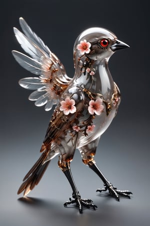 CHERRYBLOSSOM,Transparent Cyborg Grayish Baywing,glass made mechanical cute bird about 7 inches long,(brownish-gray plumage), the wings feathers have a reddish-brown tone, The region between the eyes and nostrils is black,  it has black eyes,  black legs,okeh,japanese art,c1bo,japanese style,Clear Glass Skin
